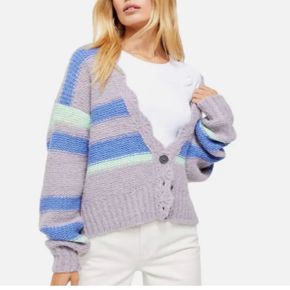 FREE PEOPLE blue oversize Fine Time Stripe Wool alpaca Cardigan Sweater